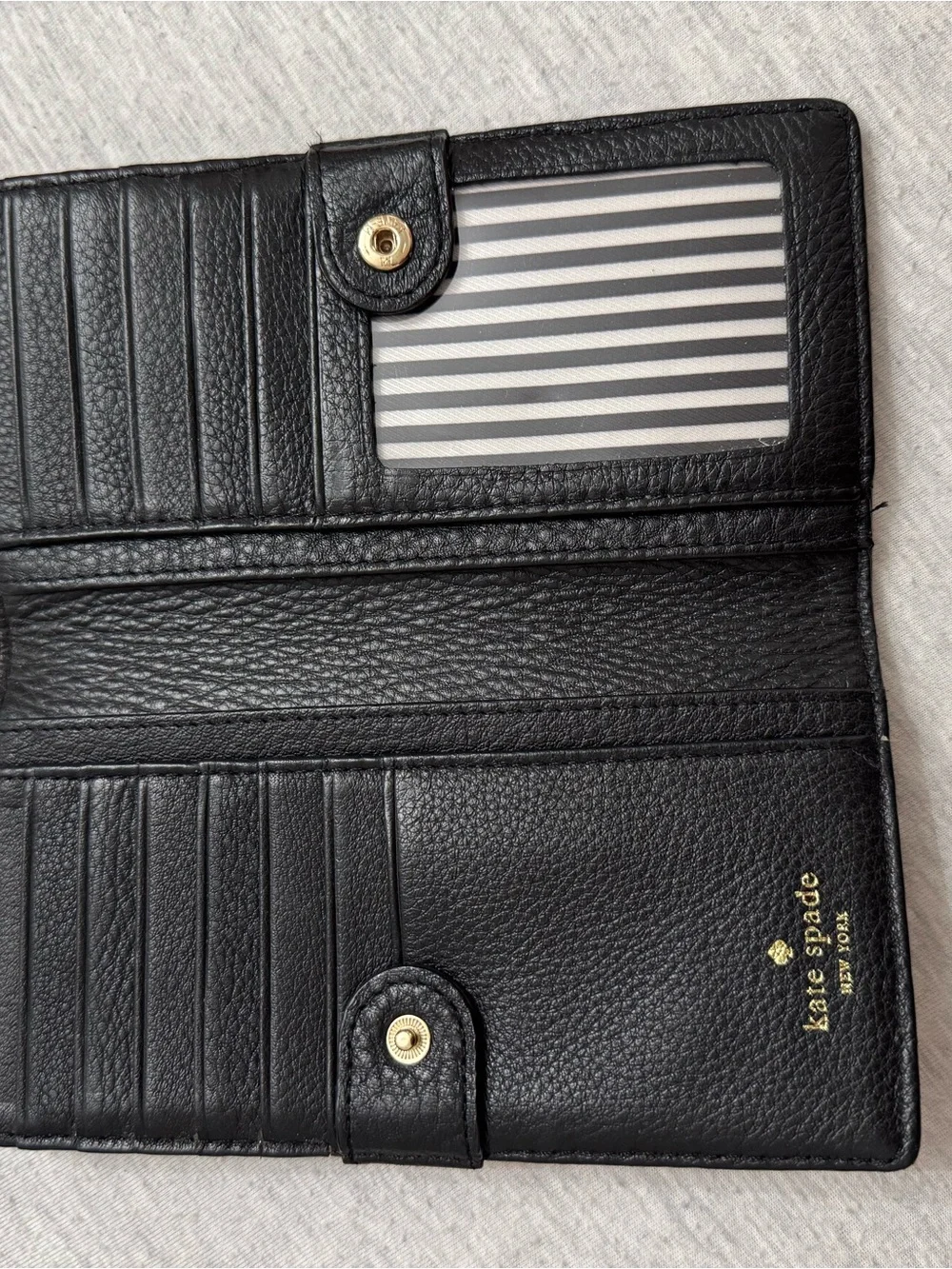 kate spade Black Pebbled Leather Continental Wallet with Gold Logo